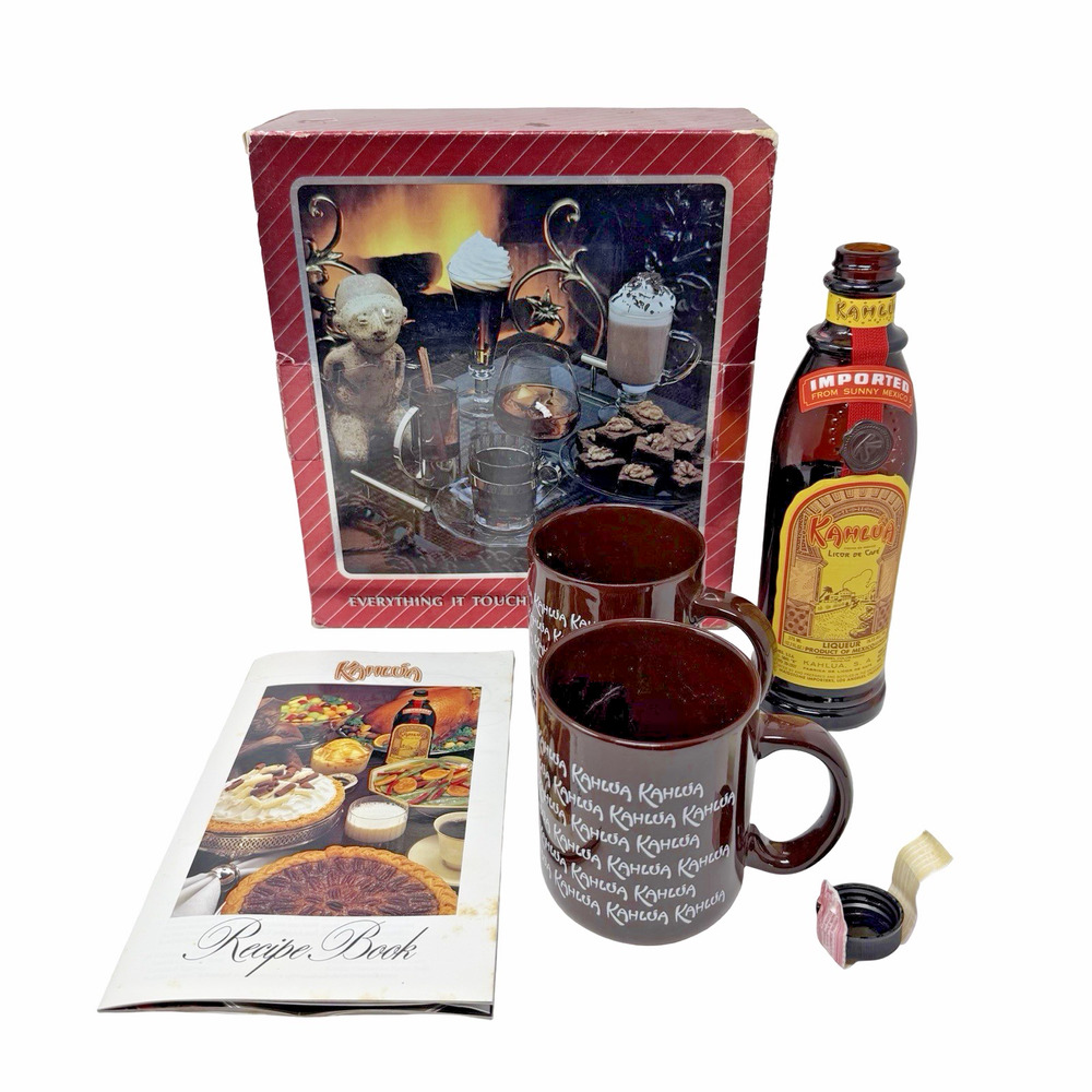Vintage 1980s Kahlua Gift Set Empty Bottle with 2 3.75" Mugs Recipe Book